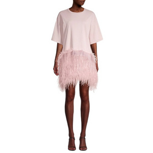 2022 New Design Summer Fashion Ostrich Feather Trim Tassel Decoration Hem T-Shirt Dress Casual Dress Women's Clothing