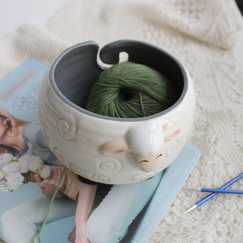 Lotus Ceramic Yarn Bowl,Cute Sheep Knitting Holder, Ball Storage,Crocheting Accessories