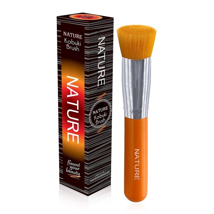 Best seller kabuki customizable logo orange purple black matte single flat top makeup brush for powder buffing blending