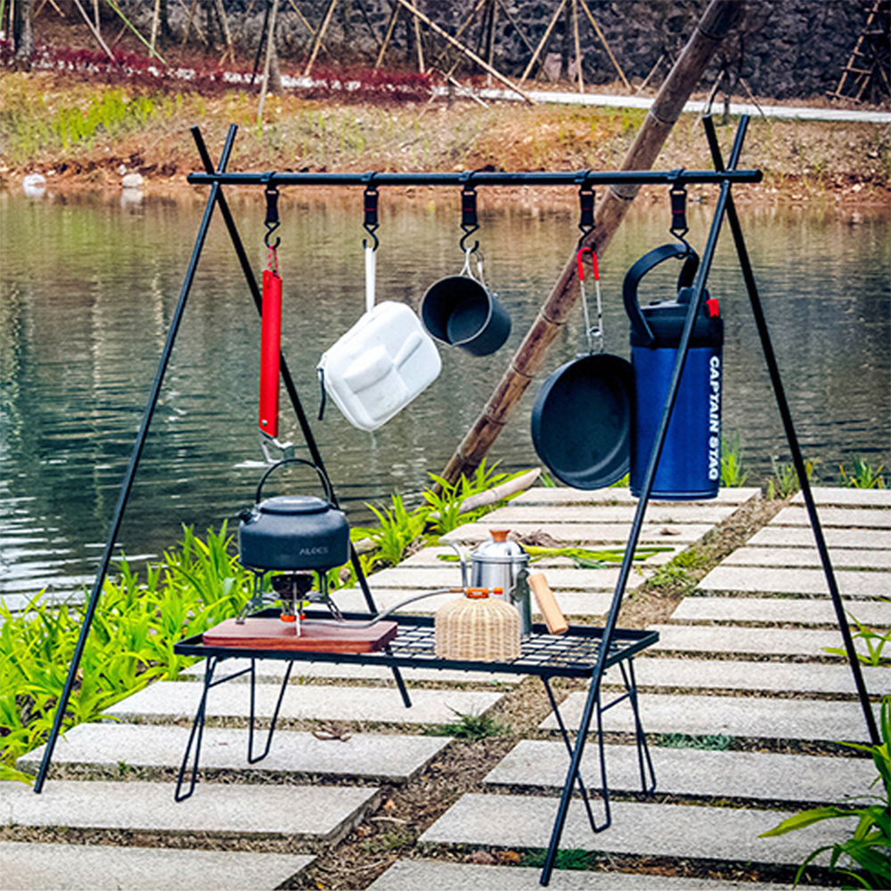 Camping Hanging Rack with Hook Cookware Storage Portable Outdoor Folding Shelf Drying Clothes Pot Roast Picnic BBQ Hanger