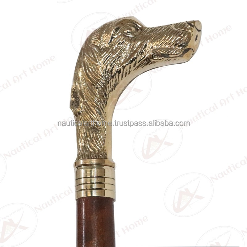 Walking Stick - Brass Dog Head Handle with Wooden Shaft Walking Stick - Animal Head Walking Stick - Walking Cane - NAH19012