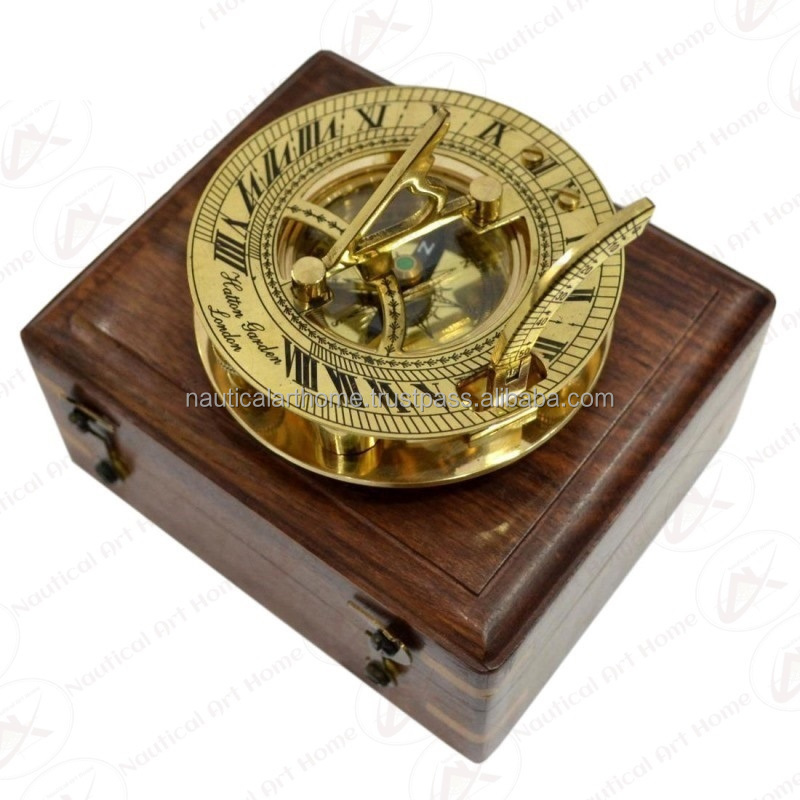 Sundial Compass with Wooden Box - Vintage Nautical Collectible Compass with Box