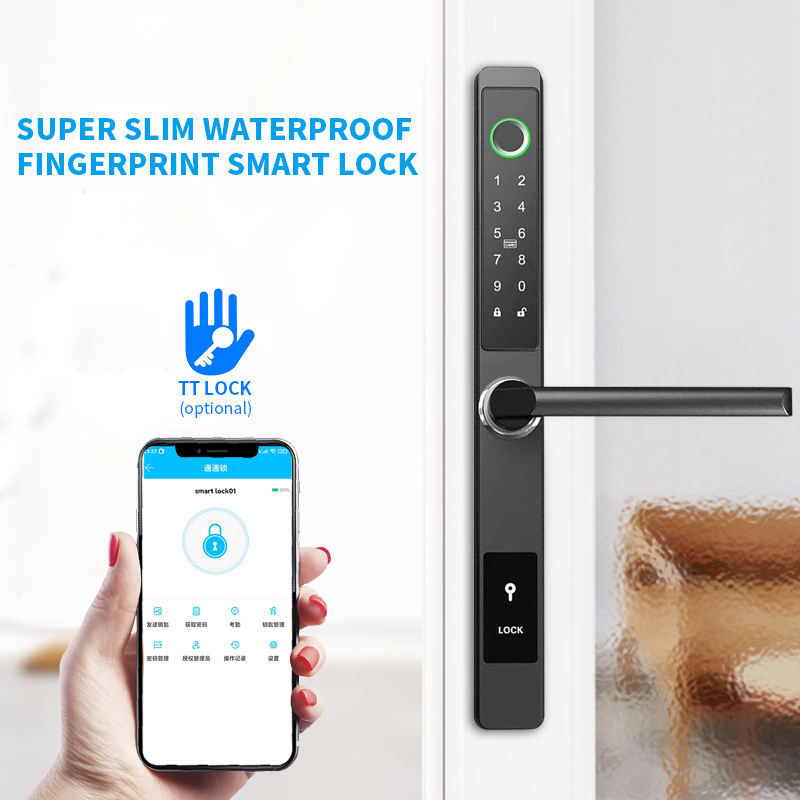 Ultra Slim Smart Lock Waterproof Keyless Ttlock App Blue-Tooth Electronic Slim Door Fingerprint Smart Sliding Aluminum Door Lock