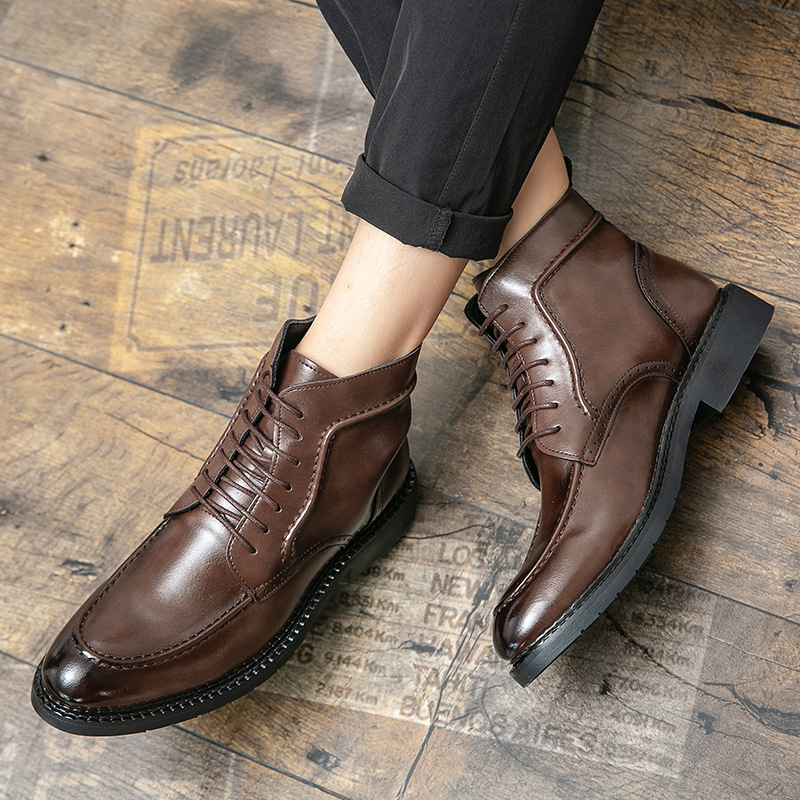 Genuine Leather thick-soled casual business boots plush high-top leather shoes