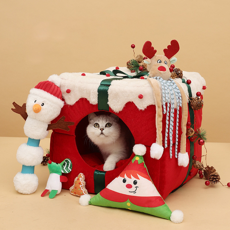 factory customized minimalist fancy funny red short plush dog bed modern anti stress square pet cat cave nest for christmas gift