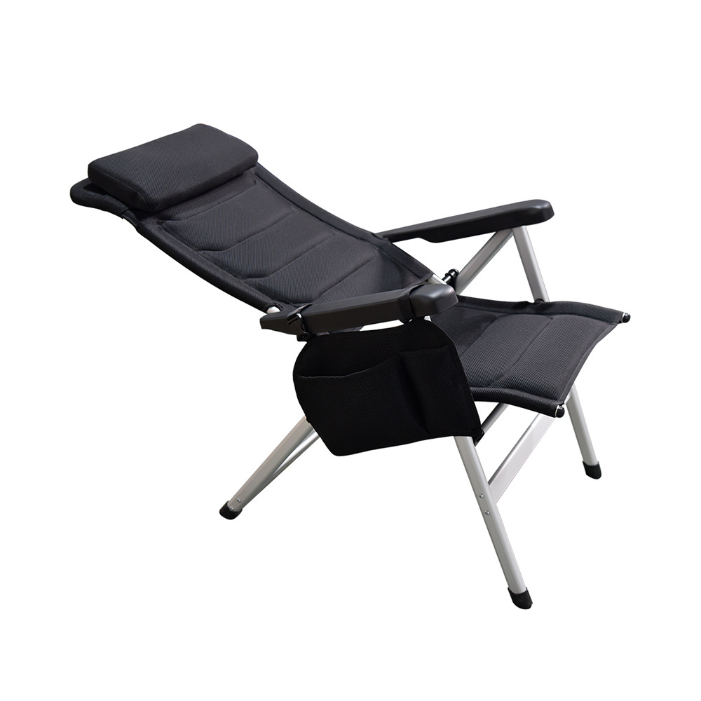 Adjustable Portable Black Garden Beach Caravan Outdoor Foldable Recliner Camp Chair with 7 Position Armrest