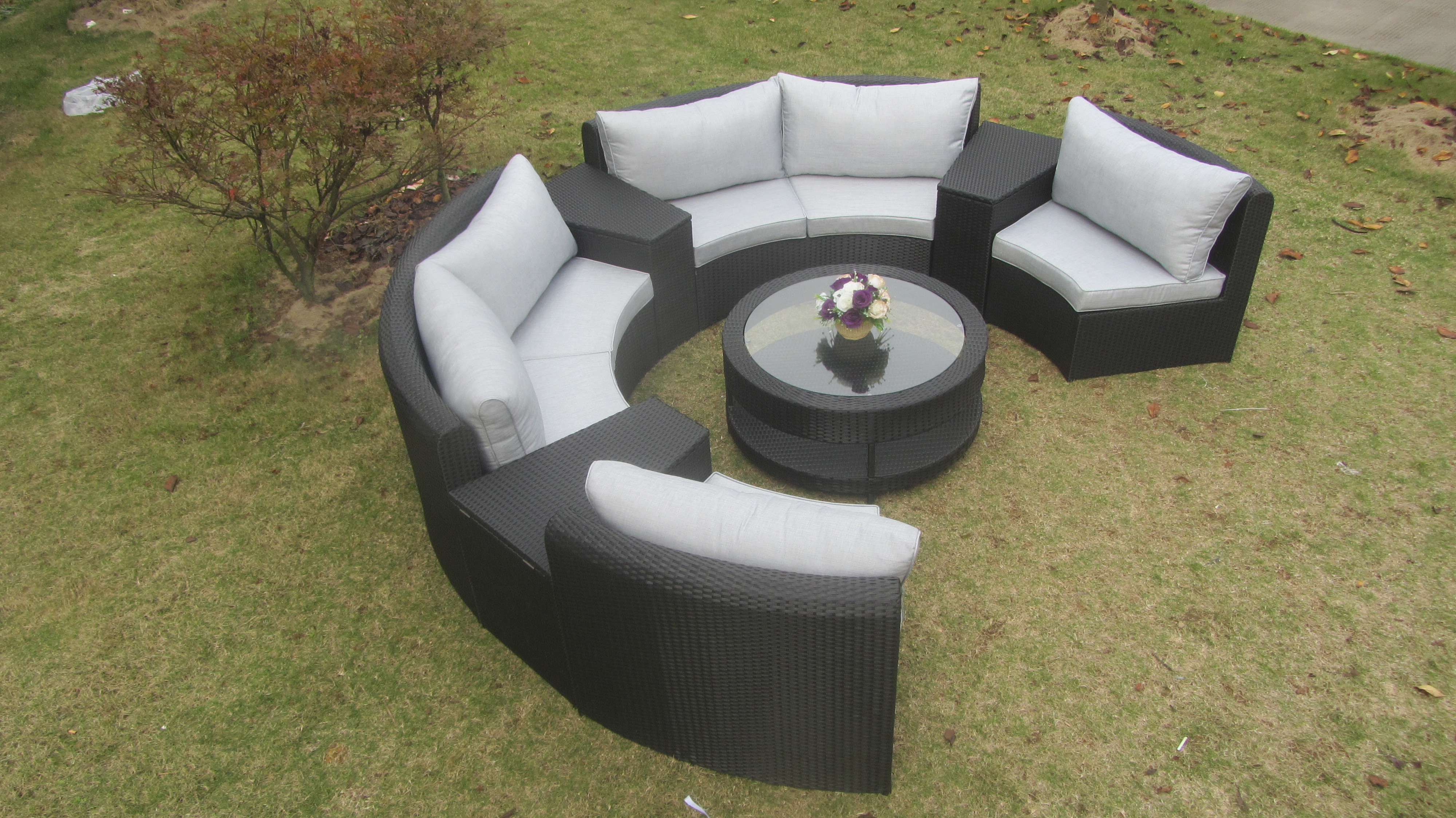 Outdoor Patio Sectional Garden Sofa Round Sofa Set 6 Seating All-Weather Half-Moon Rattan Sofa set with Rattan Glass Table