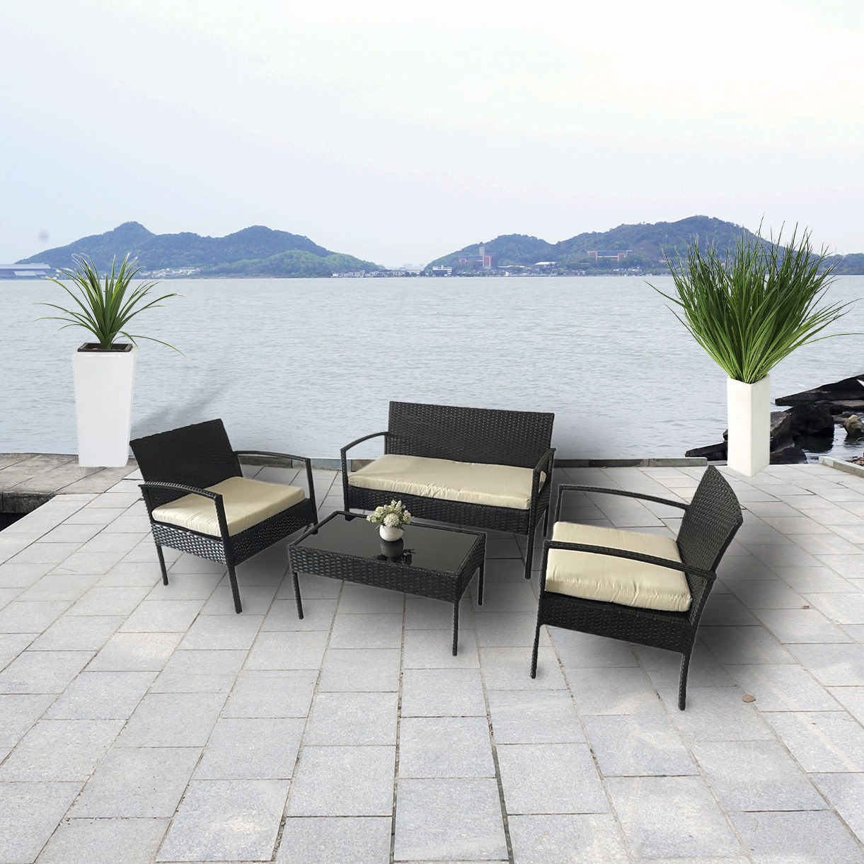 Modern Outdoor Set, Rattan Chair Bistro Garden Outdoor Sofa Sets, Patio Wicker Outdoor Rattan Chairs With Coffee Table & Cushion