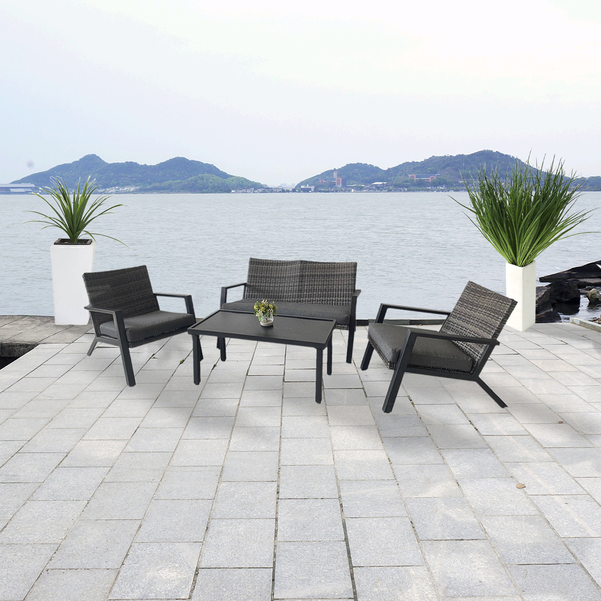 Sectional Conversation Sofa 4 Pcs Outdoor Patio Rattan Furniture Set All-Weather Wicker Metal Frame Chairs With Coffee Table