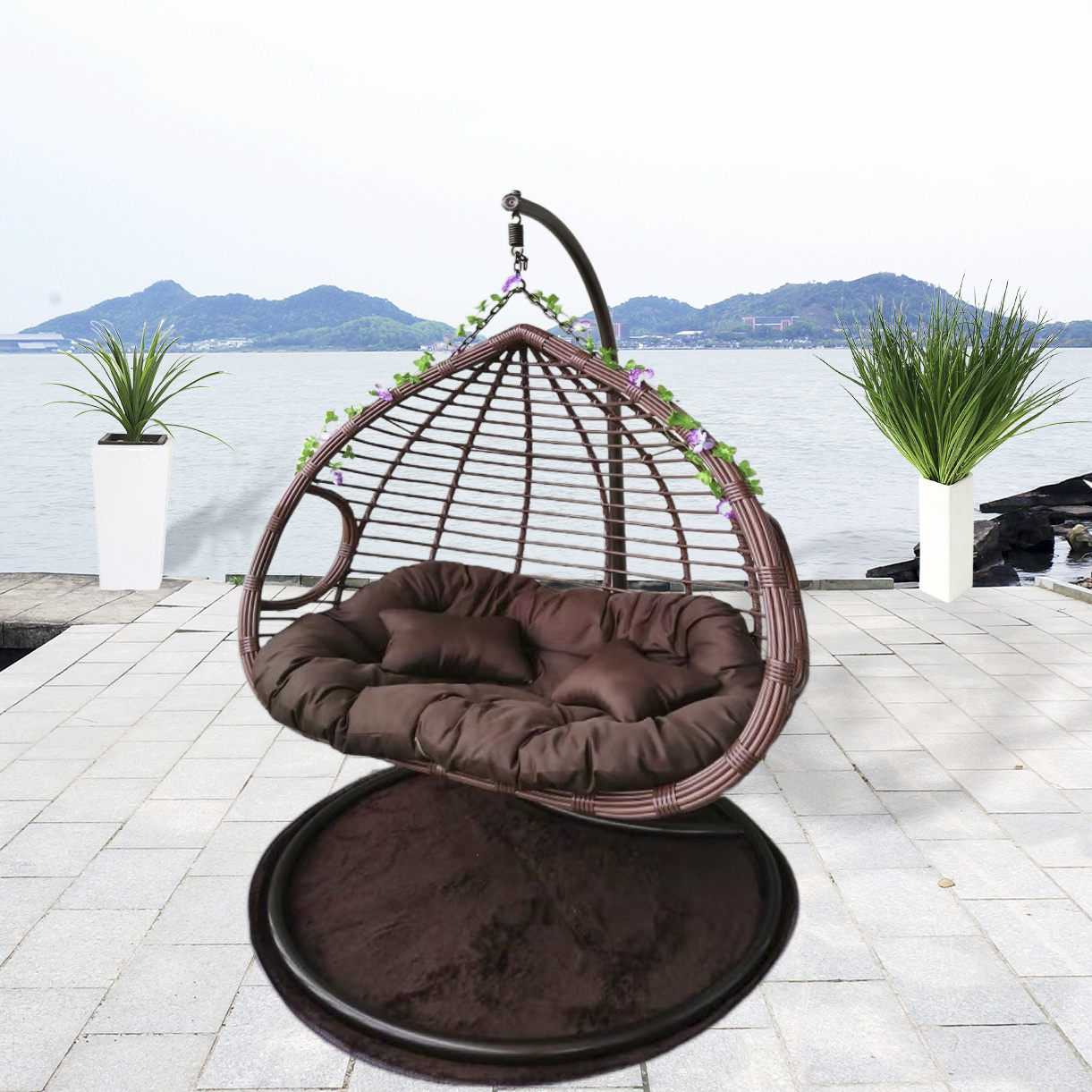 Outdoor Rattan Double Swing Chair, Indoor Hanging Egg Chair For Family, Garden Hammock Two Persons Double Swing Chair With Stand