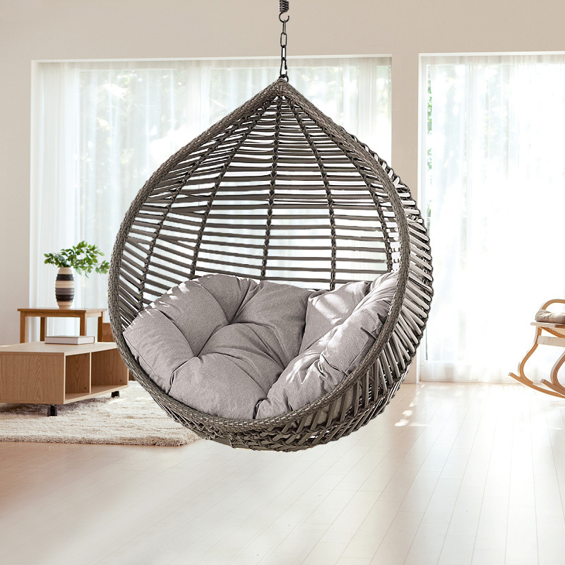 Patio Wicker Egg Chair, Rattan Woven Waterproof Outdoor Furniture, Teardrop Rattan Hanging Chair with Stand & Cushion Waterproof