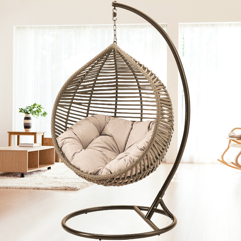 Patio Wicker Egg Chair, Rattan Woven Waterproof Outdoor Furniture, Teardrop Rattan Hanging Chair with Stand & Cushion Waterproof