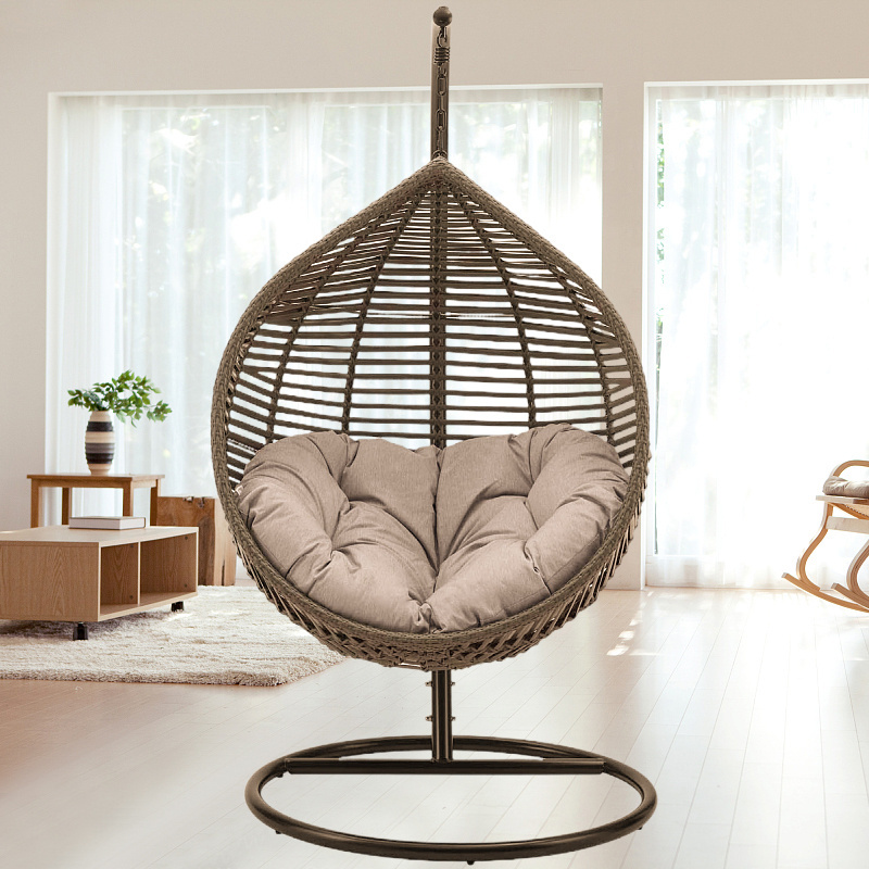 Patio Wicker Egg Chair, Rattan Woven Waterproof Outdoor Furniture, Teardrop Rattan Hanging Chair with Stand & Cushion Waterproof