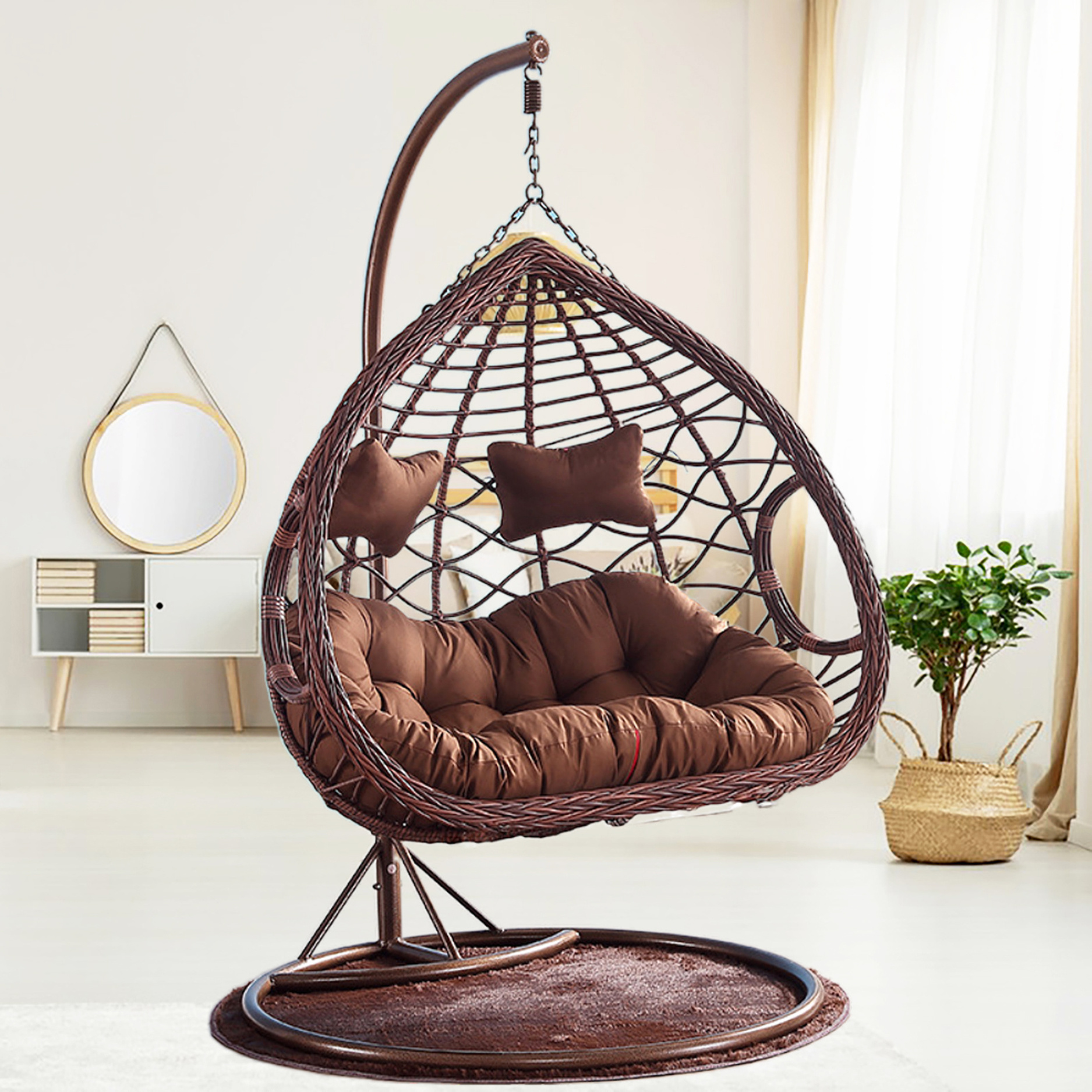 Outdoor PE Rattan Double Egg Chair Swing, Patio Double Egg Chair Outdoor Basket, Tear-drop Style Egg Chair Double Swing Basket