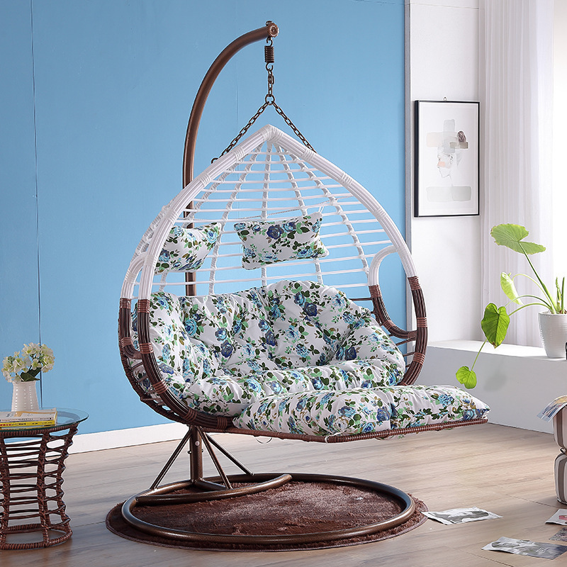 Outdoor PE Rattan Tear Drop Style Double Swing Chair For Two Person, Hanging Chair Twin Hanging Basket With Foot Rest For Couple