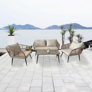 Outdoor Furniture 4 Pieces Rattan Sofa Conversation Set, PE Rattan Sofa Set With Coffee Table, Patio Furniture PE Wicker Chairs