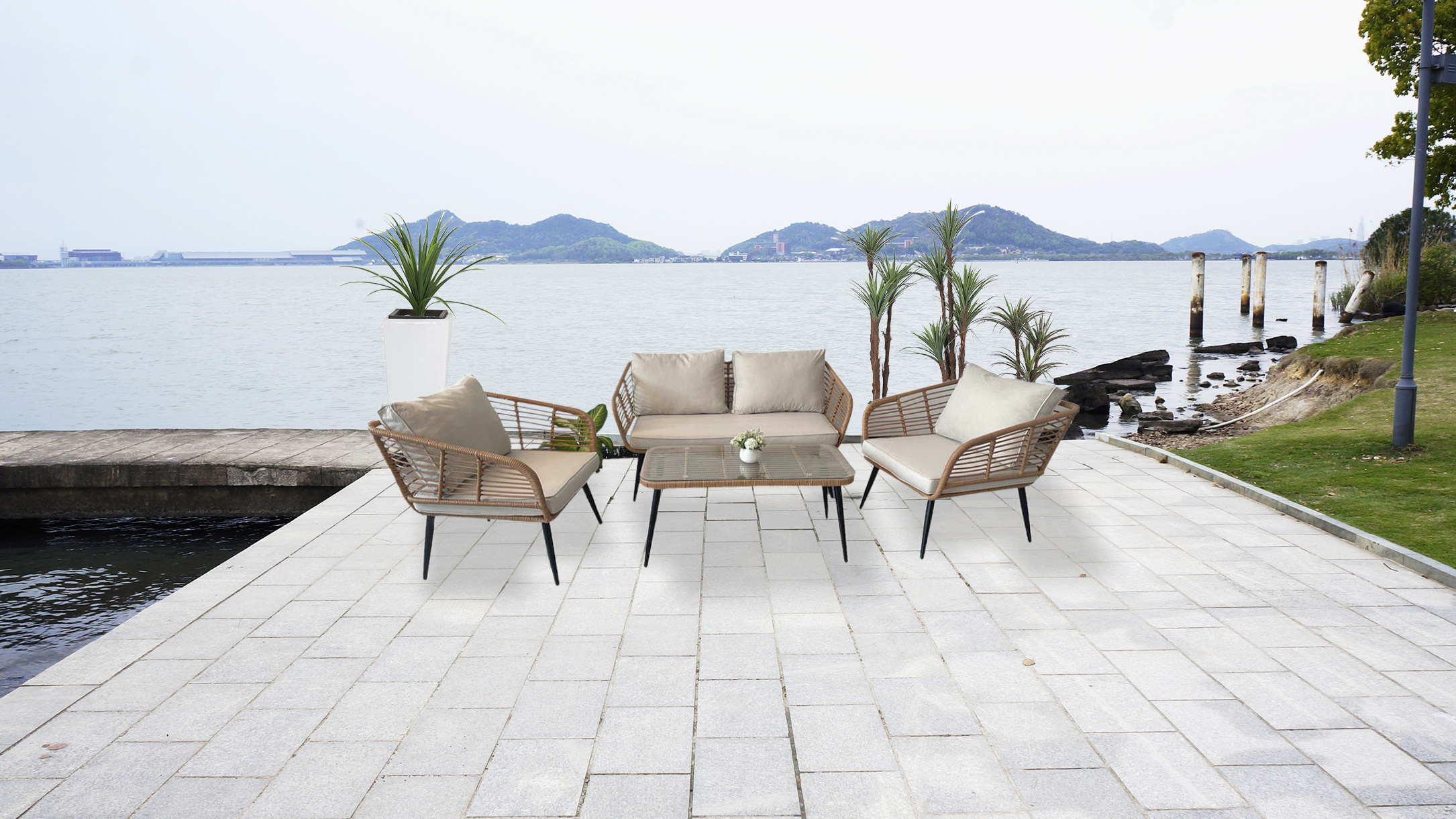 Outdoor Furniture 4 Pieces Rattan Sofa Conversation Set, PE Rattan Sofa Set With Coffee Table, Patio Furniture PE Wicker Chairs