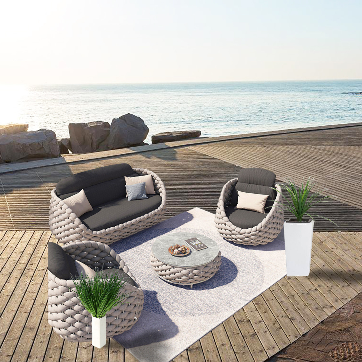 Wide Braided Bubble Rope Woven Garden Sofa Outdoor, Outdoor Sofa Chair and table Patio, Braided Tape Woven Outdoor Furniture Set