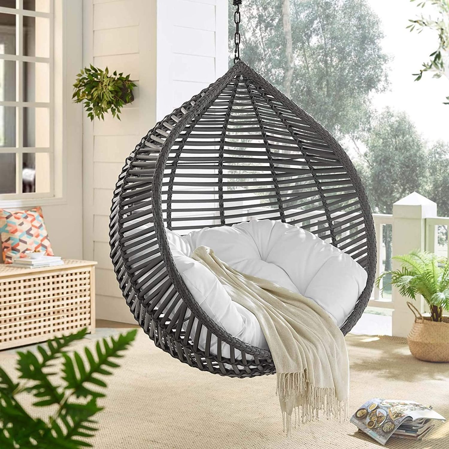 Teardrop Hanging Egg Chair Patio Rattan Wicker Hammock, Hanging Hammock Chair, Hammock Chair with C Type Bracket Cushion