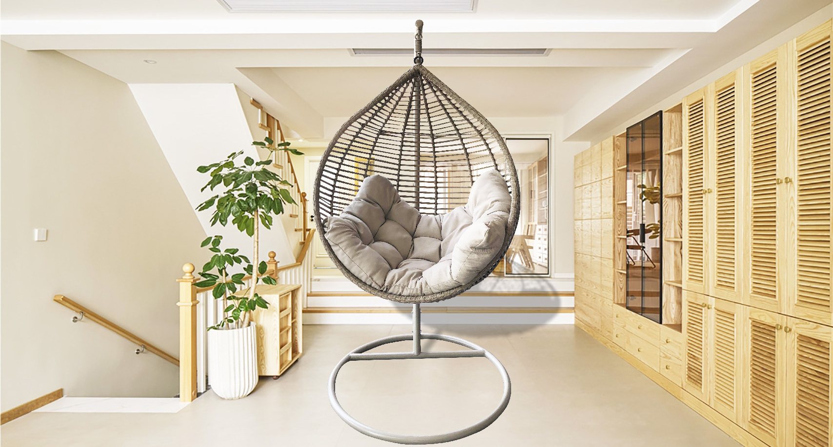 Teardrop Hanging Egg Chair Patio Rattan Wicker Hammock, Hanging Hammock Chair, Hammock Chair with C Type Bracket Cushion