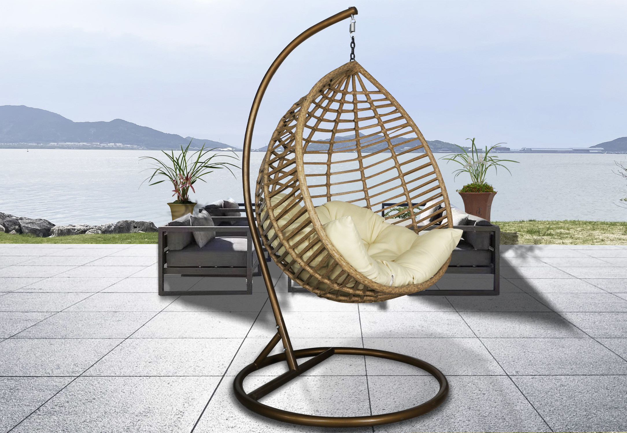 Teardrop Wide Wicker Outdoor Swing Egg Chair, Wide Rattan Handwoven Hanging Swing Chair, Wide Willow Patio Hang Swing Chair