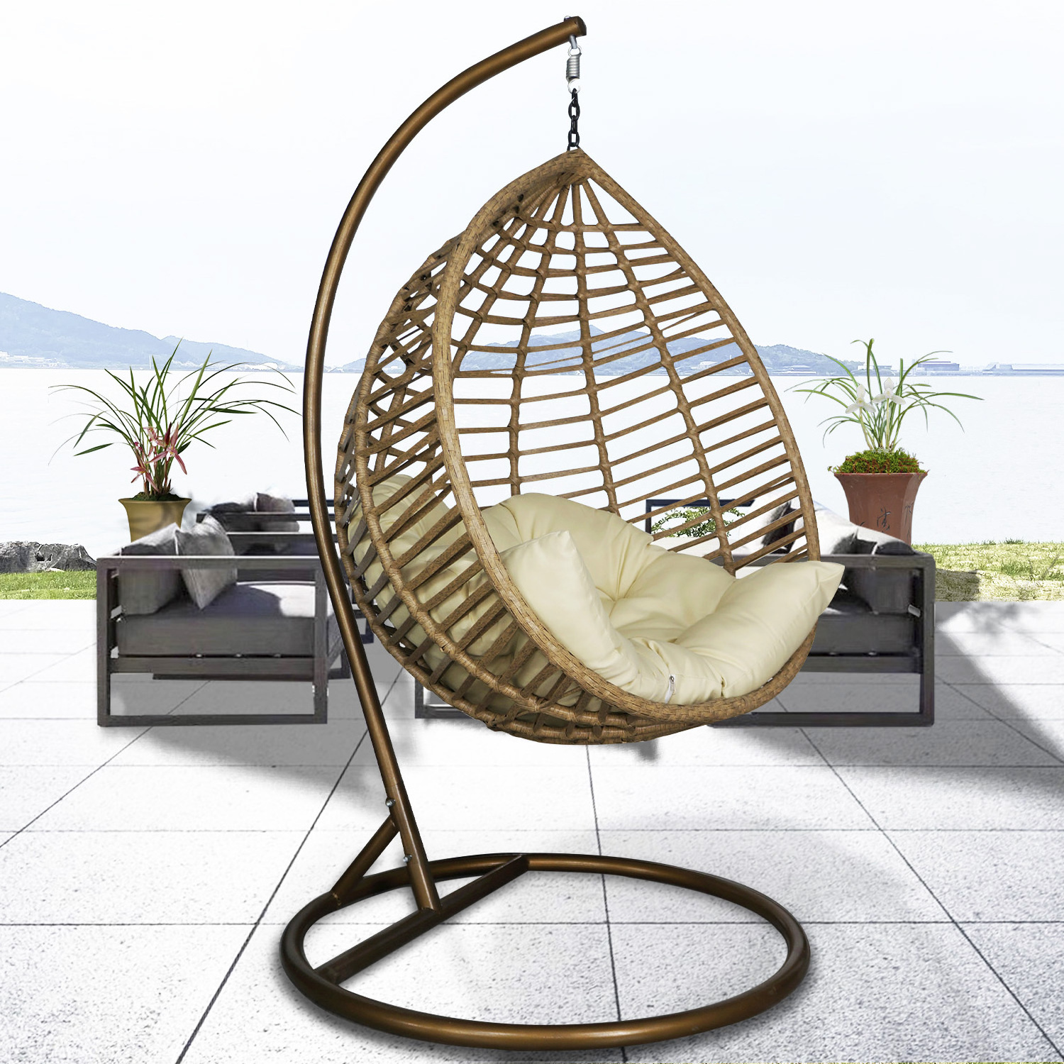 Teardrop Wide Wicker Outdoor Swing Egg Chair, Wide Rattan Handwoven Hanging Swing Chair, Wide Willow Patio Hang Swing Chair