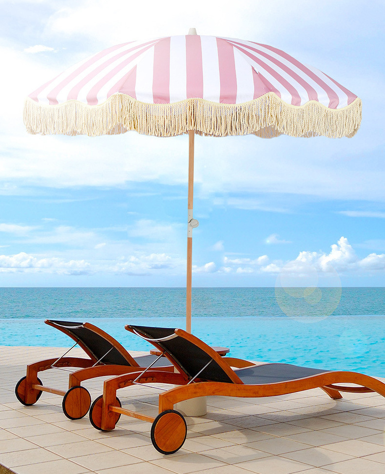 Portable Beech Wood Pole Outdoor Umbrella, Luxury Fringed Beach Umbrellas With Tassels, UV Protection Sun Outdoor Parasol