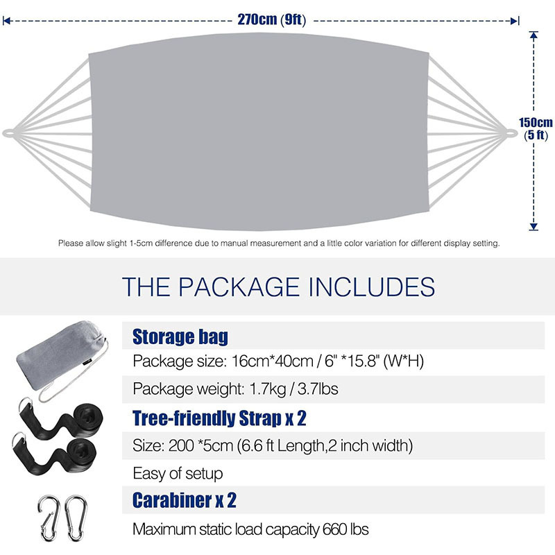 Camping Hammock Double and single portable hammock with 2 tree straps and included carrying bag, perfect for outdoor