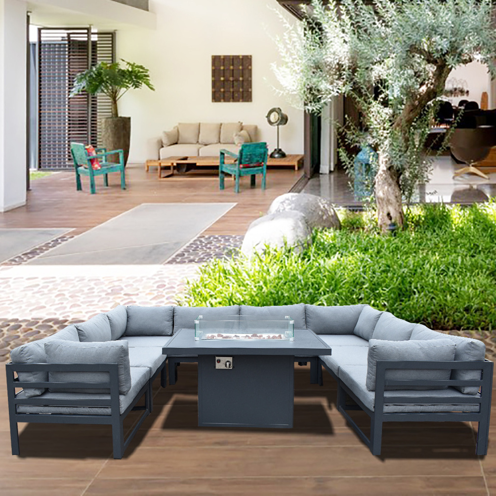 Modern -Piece Modular Outdoor Sofa Set Sectional Aluminum Conversation Sofa with Fire Pit Table & Removable Cushions for Patio