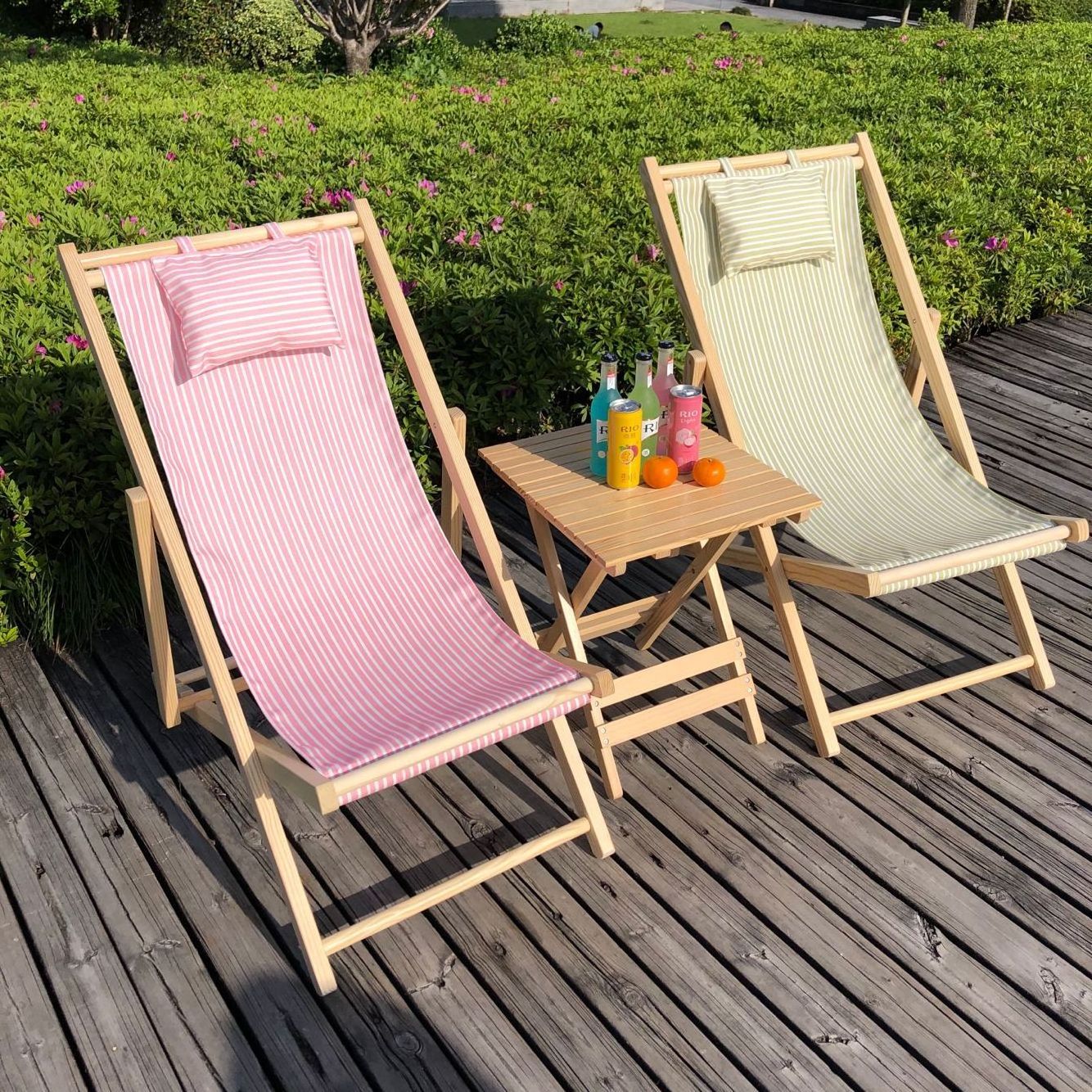 Outdoor Wooden Beach Lounge Chair Solid Wood Folding Leisure Adult  Lunch Canvas Lounge Chairs Balcony Wooden Foldig Chairs