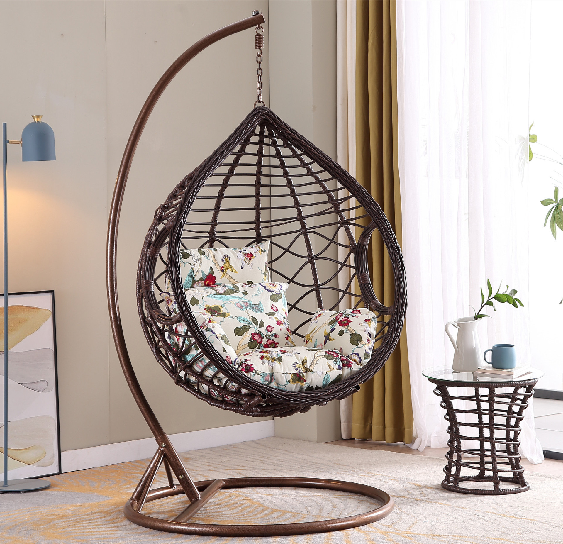 Rattan Wicker Swing Hanging Chair Creative Bird Nest Egg Style Swing Chair With Leg Rest Rack & Small Matching Table