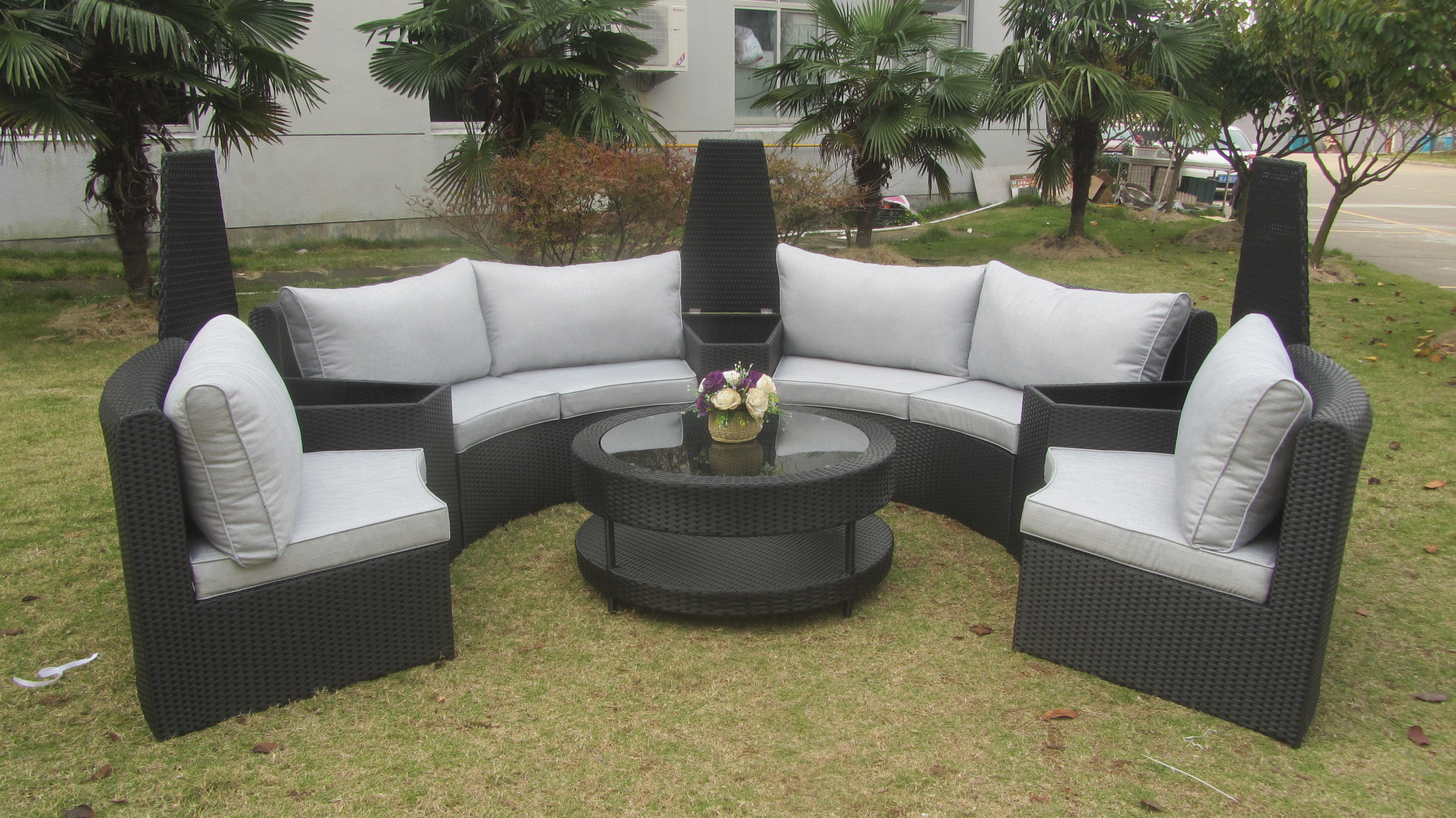 Outdoor Patio Sectional Garden Sofa Round Sofa Set 6 Seating All-Weather Half-Moon Rattan Sofa set with Rattan Glass Table