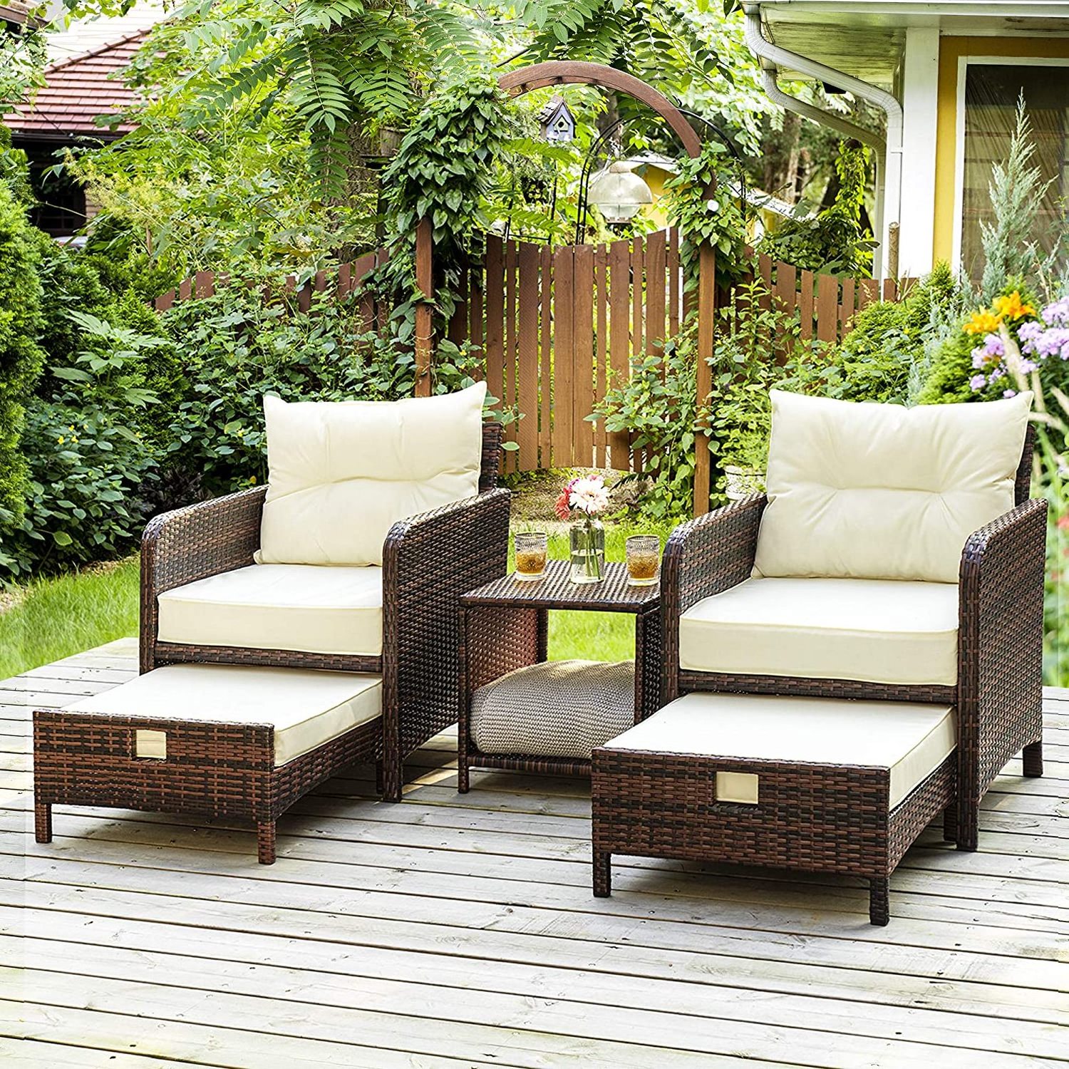 5 Pieces Wicker Patio Furniture Set, Outdoor Patio Chairs with Ottomans, Conversation Furniture with coffetable for Poorside