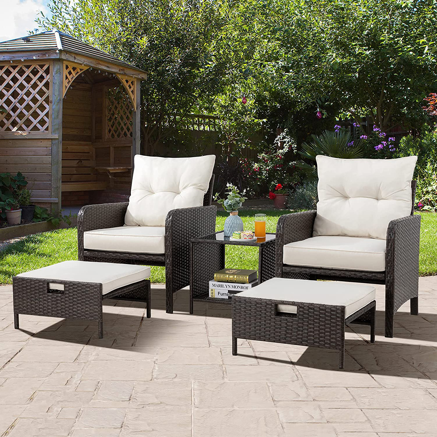 5 Pieces Wicker Patio Furniture Set, Outdoor Patio Chairs with Ottomans, Conversation Furniture with coffetable for Poorside