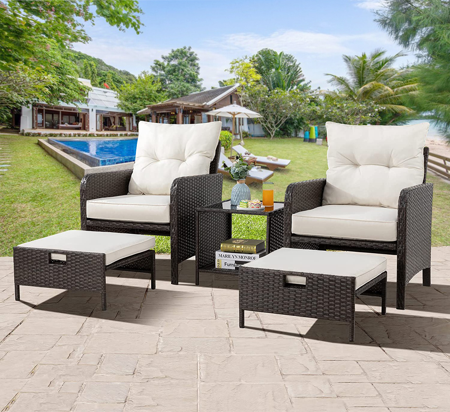 5 Pieces Wicker Patio Furniture Set, Outdoor Patio Chairs with Ottomans, Conversation Furniture with coffetable for Poorside