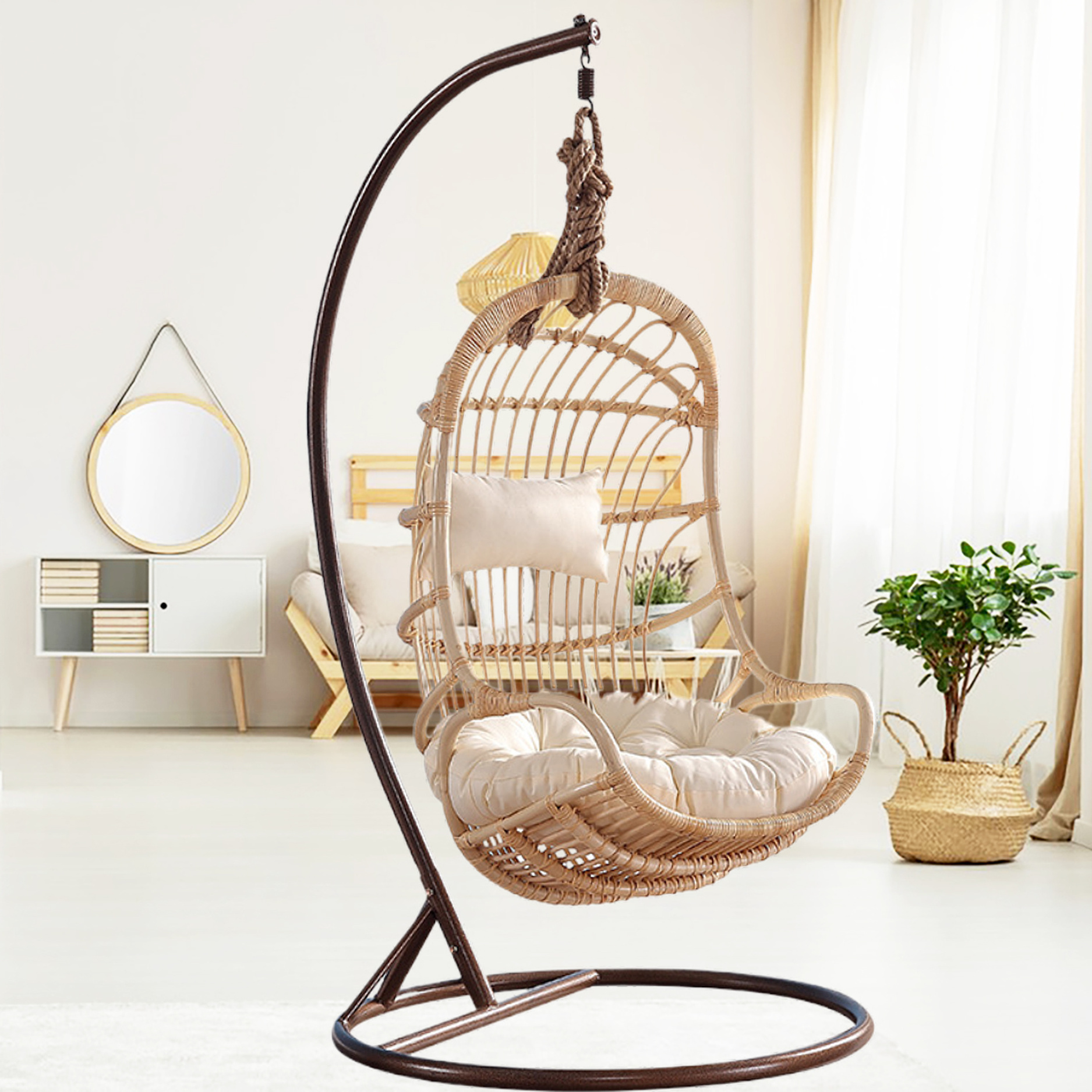 Natural Wicker Swing Chair Patio Hanging chair Rattan Chair Swing Woven Cradle For Balcony, Indoor, Courtyard