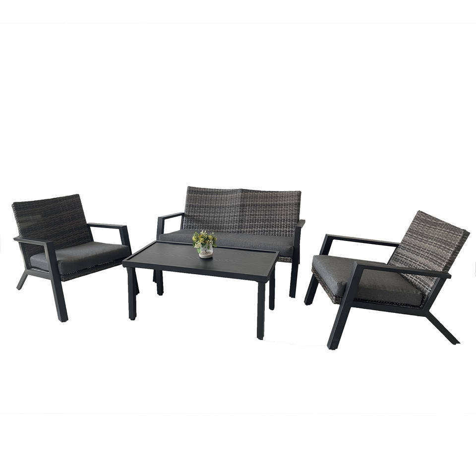 Sectional Conversation Sofa 4 Pcs Outdoor Patio Rattan Furniture Set All-Weather Wicker Metal Frame Chairs With Coffee Table