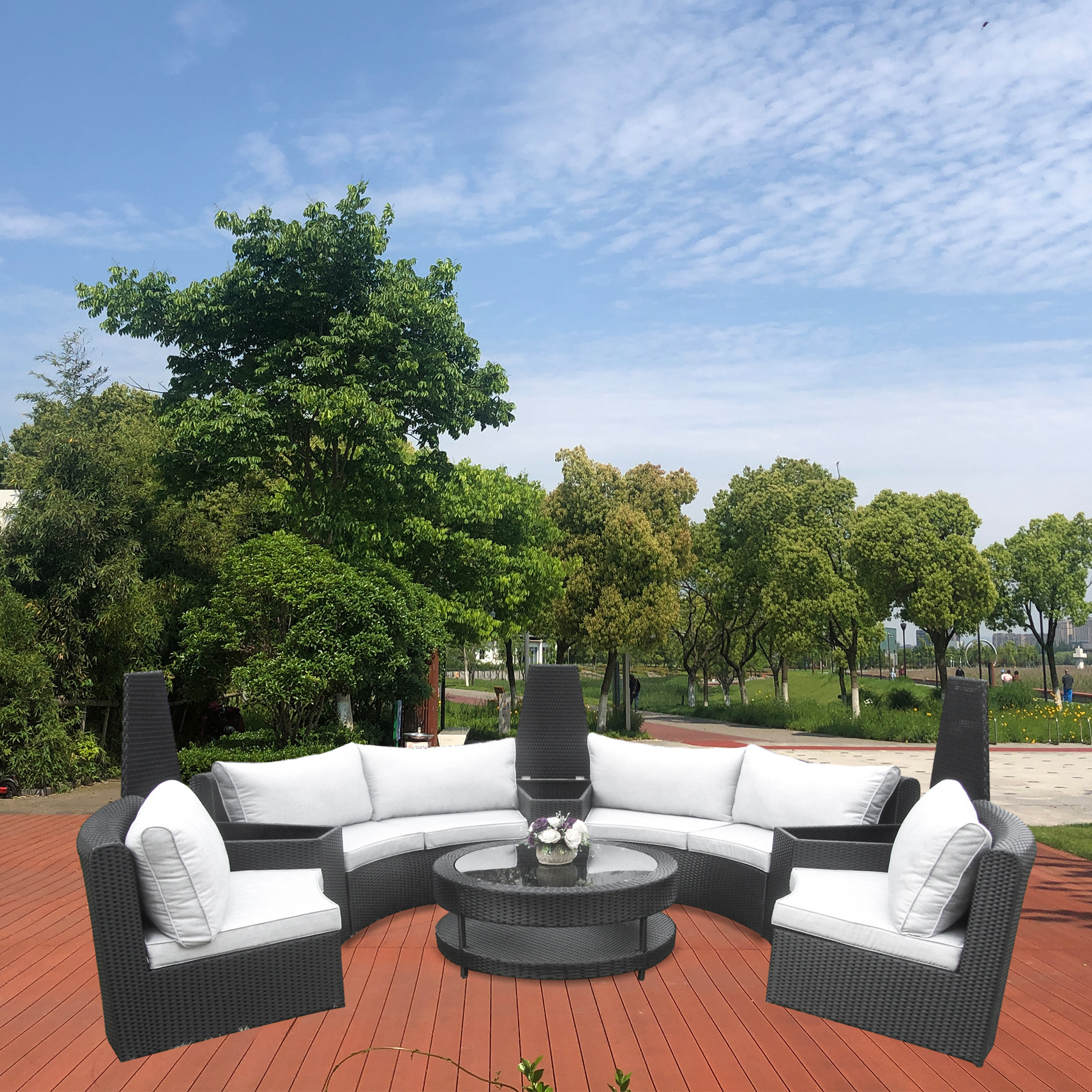 Outdoor Patio Sectional Garden Sofa Round Sofa Set 6 Seating All-Weather Half-Moon Rattan Sofa set with Rattan Glass Table