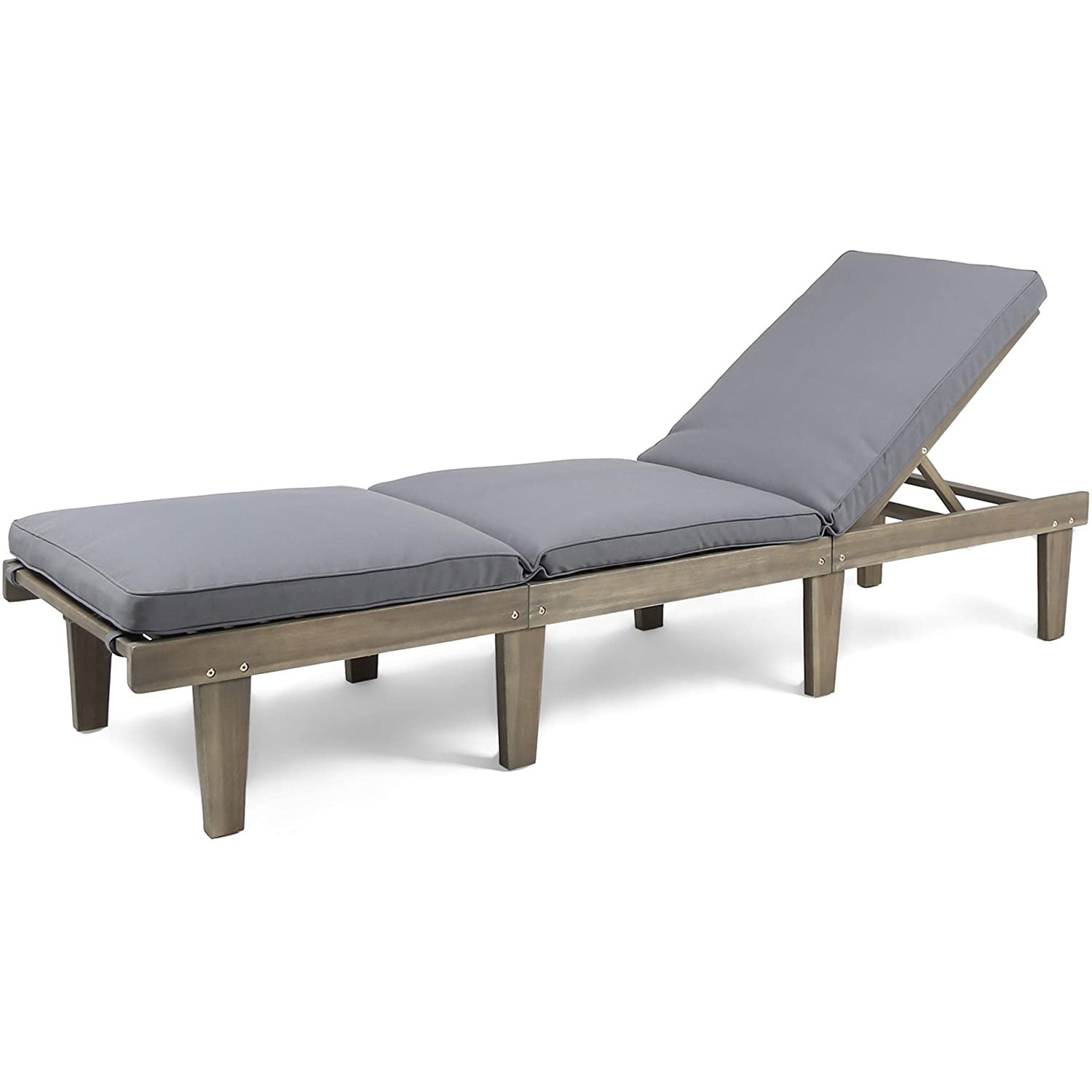 Outdoor Acacia Wood Chaise Lounge  Chair Sun Lounger with 5cm Thickness Cushion Folding, Grey Finish/Dark Grey Cushion