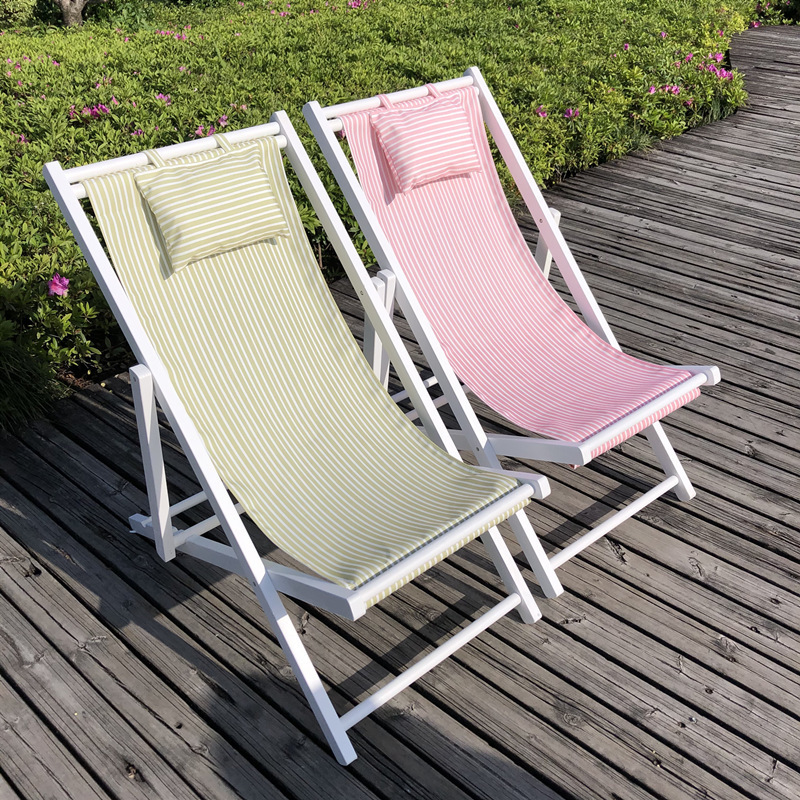 Outdoor Wooden Beach Lounge Chair Solid Wood Folding Leisure Adult  Lunch Canvas Lounge Chairs Balcony Wooden Foldig Chairs