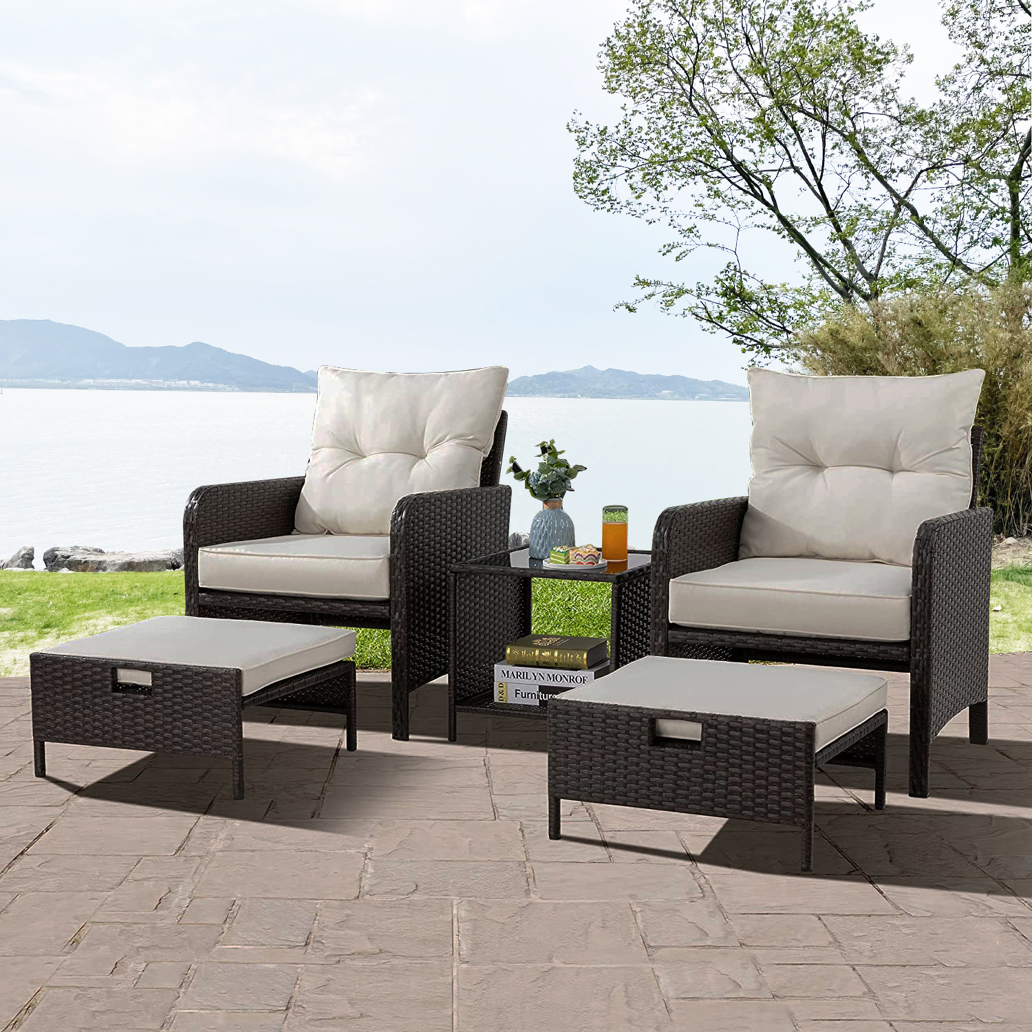 5 Pieces Wicker Patio Furniture Set, Outdoor Patio Chairs with Ottomans, Conversation Furniture with coffetable for Poorside