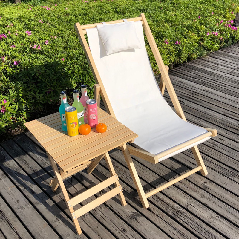 Outdoor Wooden Beach Lounge Chair Solid Wood Folding Leisure Adult  Lunch Canvas Lounge Chairs Balcony Wooden Foldig Chairs