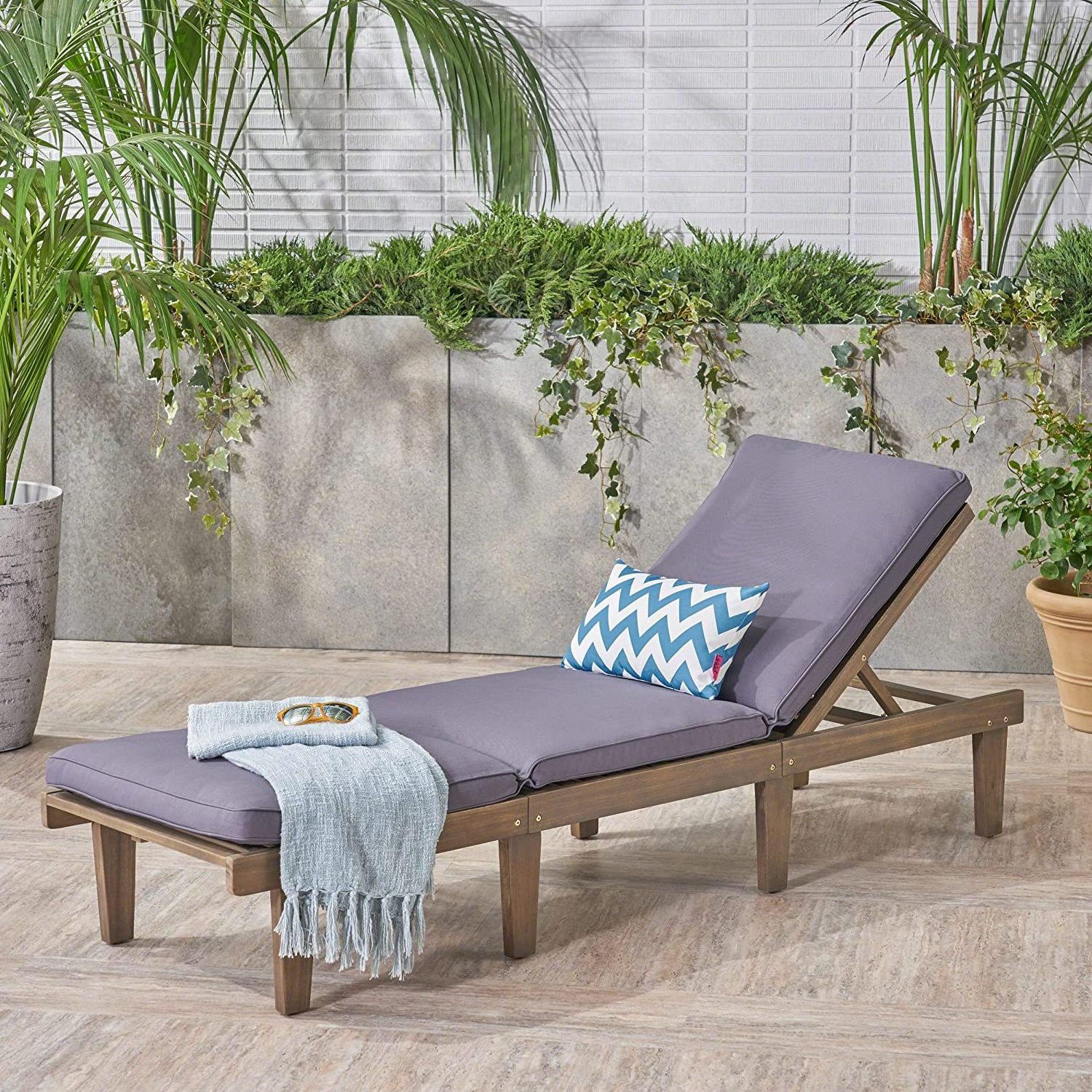 Outdoor Acacia Wood Chaise Lounge  Chair Sun Lounger with 5cm Thickness Cushion Folding, Grey Finish/Dark Grey Cushion