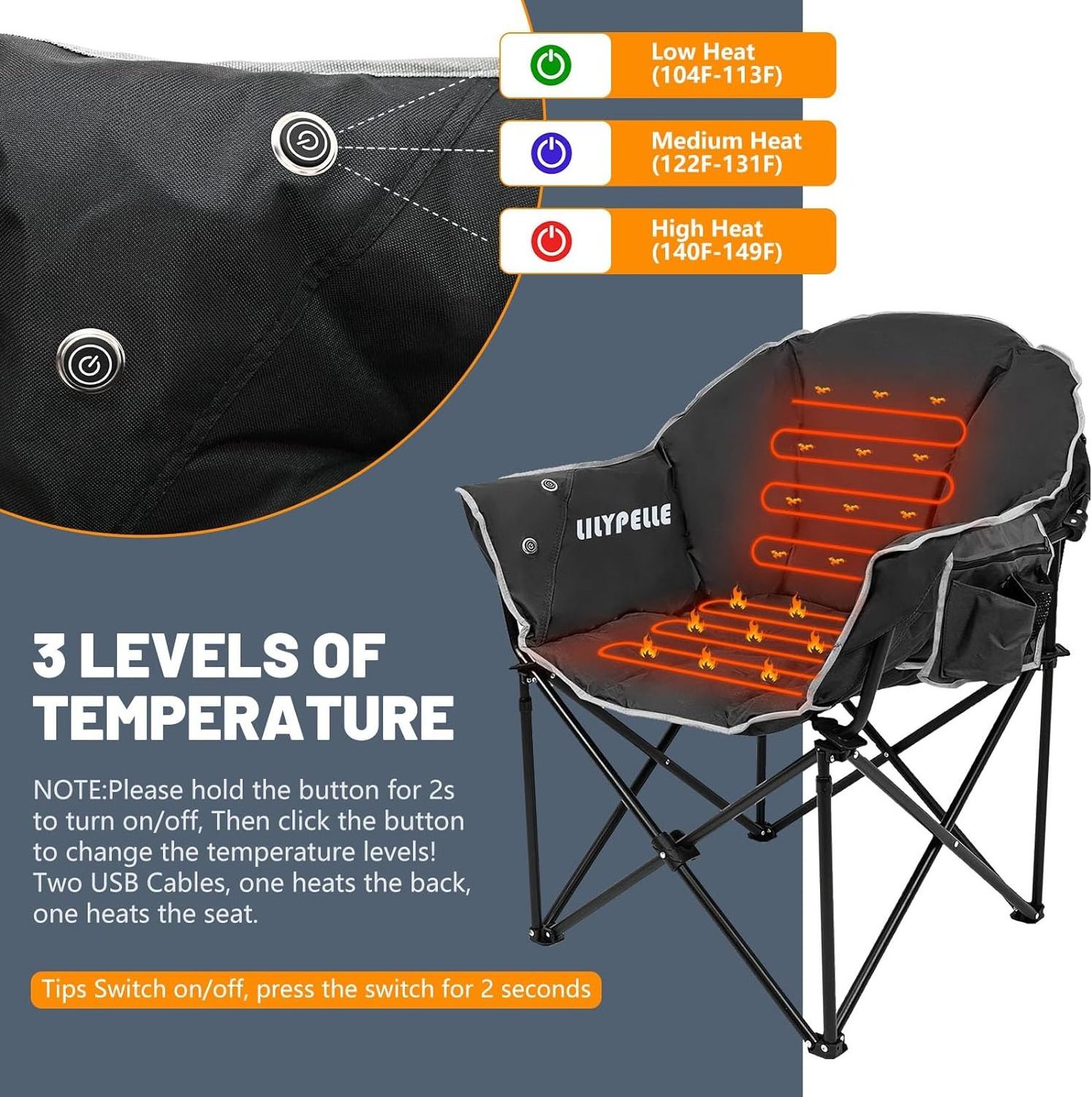 Heated Camping Chair Oversized Portable Outdoor Heated Folding Moon Chairs Padded Comfy Chair Beach for Outdoor Sports Camping