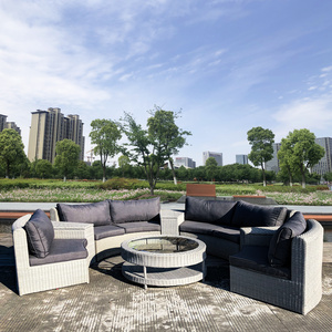 Outdoor Patio Sectional Garden Sofa Round Sofa Set 6 Seating All-Weather Half-Moon Rattan Sofa set with Rattan Glass Table