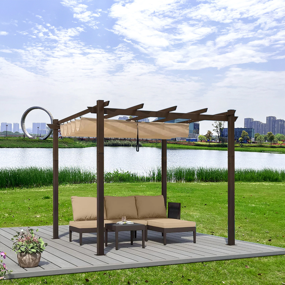 Garden Gazebo with Retractable Canopy Heavy Duty Awnings for Decks Backyard Metal Freestanding Pergola with Canopy