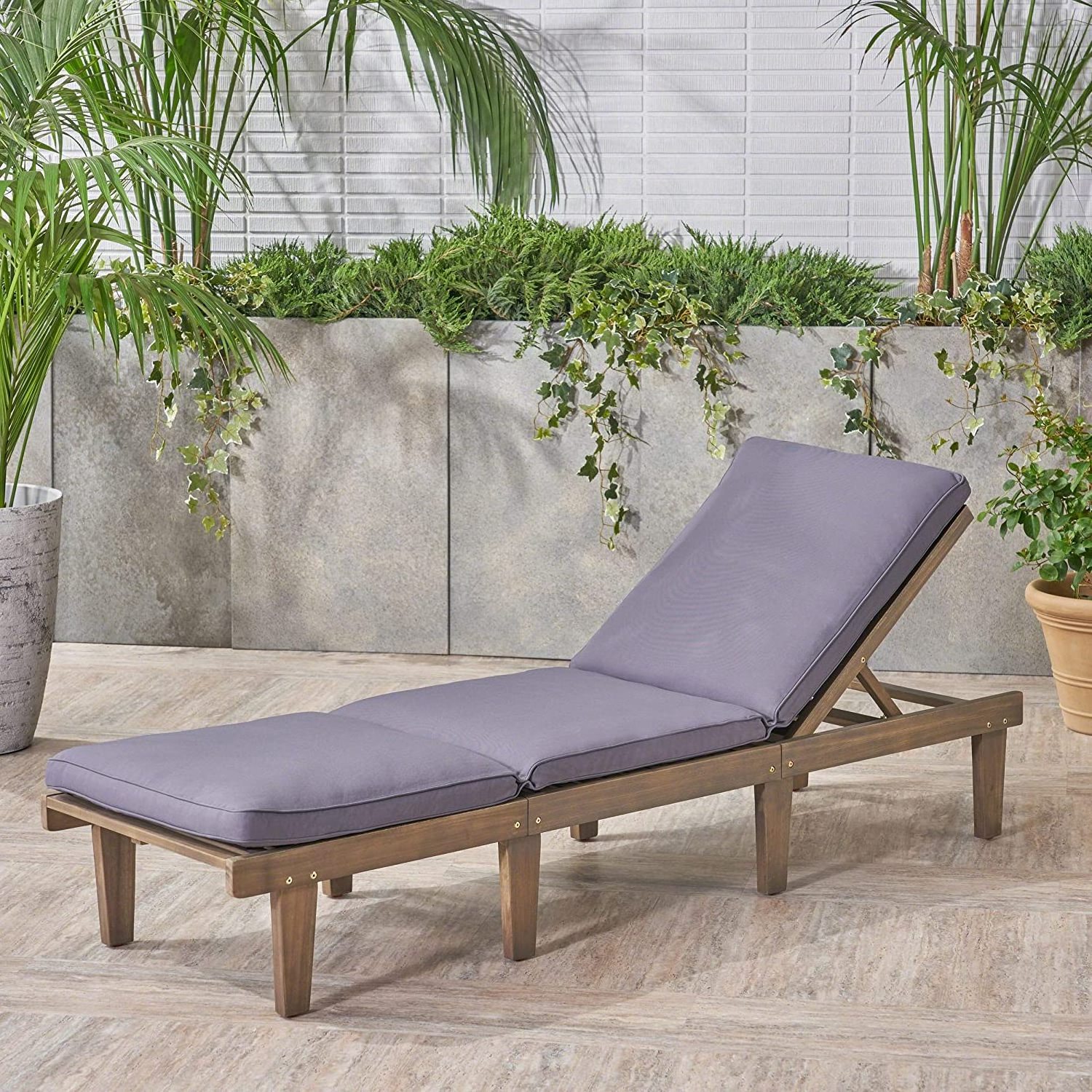 Outdoor Acacia Wood Chaise Lounge  Chair Sun Lounger with 5cm Thickness Cushion Folding, Grey Finish/Dark Grey Cushion