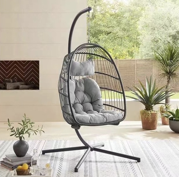 Hanging Egg Chair with Stand - Indoor Outdoor Patio Wicker Rattan Lounge Chair with Stand, Steel Frame. UV Resistant Washable