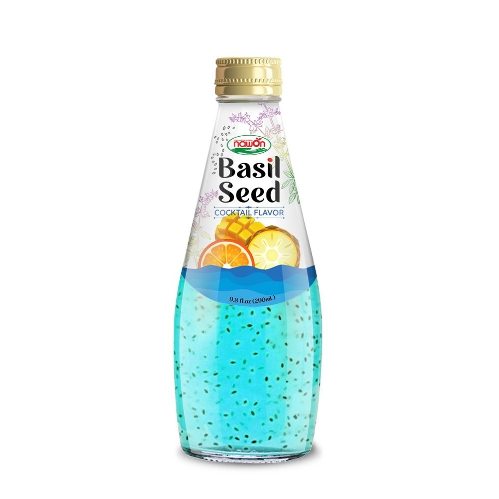 BRCGS 290ml Natural Basil Seed Glass Bottle No Sugar Added Wholesale Aloe Vera Basil Seed Drink Manufacturer