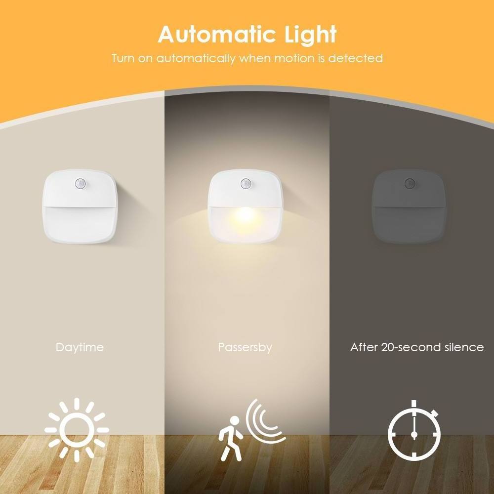 Motion Sensor Light Smart Mini Warm White Dusk to Dawn LED Nightlight with Sticker Battery Powered for Bedroom Bathroom Stairs